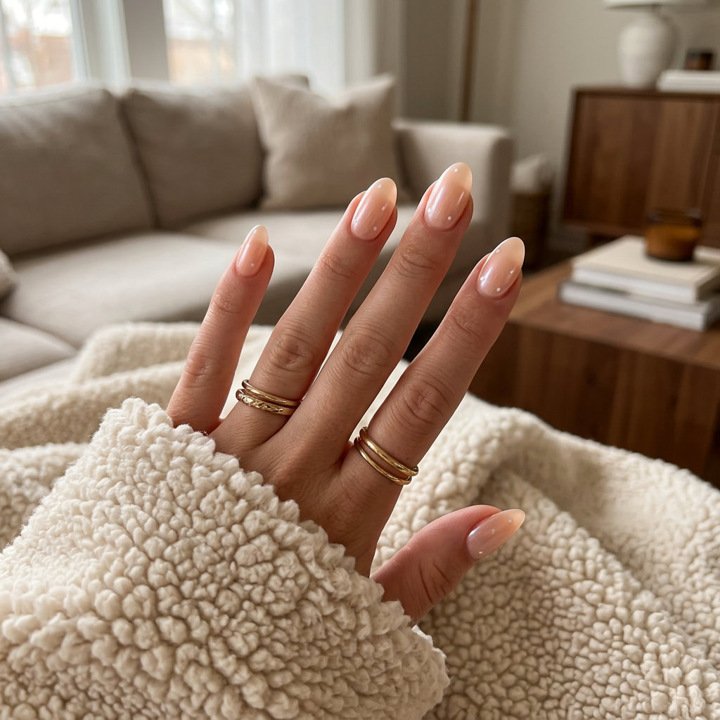 Peach Polka Dot Pearl Almond nails for summer wedding nails 2026. Playful sheer peach with pearlescent sheen and white dots.