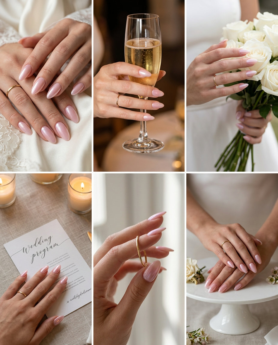 Rose Pearl Almond Sheen nails for summer wedding nails 2026. Sophisticated sheer pink gel polish with pearlescent shimmer.