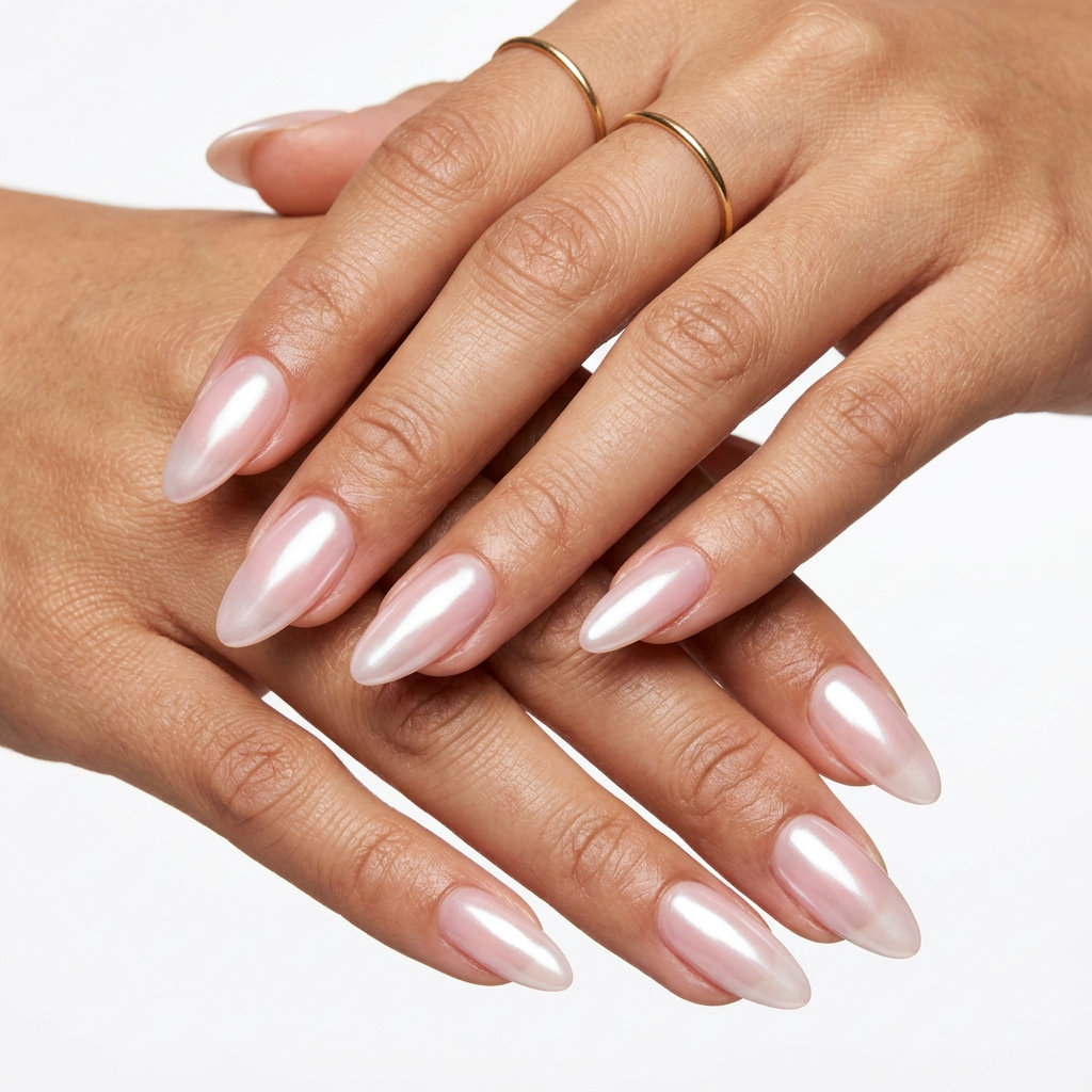 Sheer Pink Glazed Donut Almond nails for summer wedding nails 2026. Romantic sheer pink with pearlescent glaze.