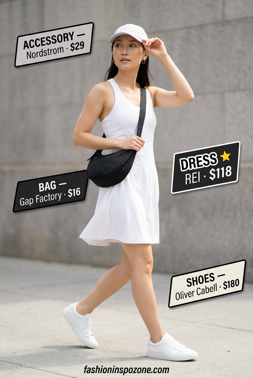 Comfortable summer white athleisure dress outfit with baseball cap, belt bag, and sneakers.