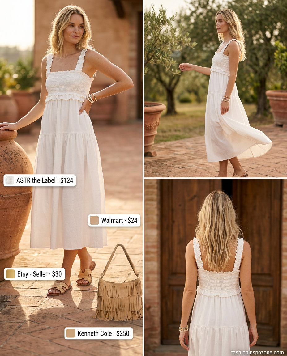 Summer white dress outfits for women 2026: Off-white maxi dress, suede hobo bag, and woven sandals for boho style.