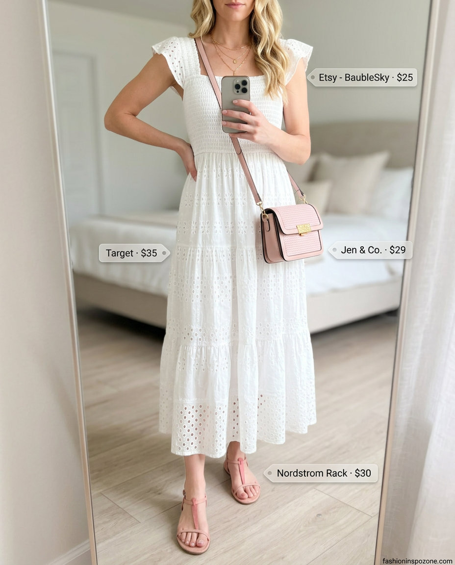 Summer white dress outfits for women 2026: White eyelet midi dress, blush pink sandals, gold necklaces for a bridal shower.