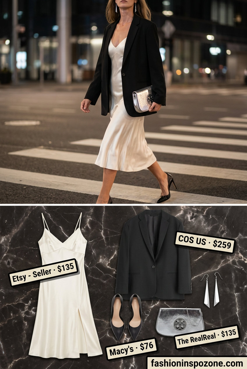 Sophisticated summer white slip dress outfit with black blazer, silver clutch, and heels for evening events.