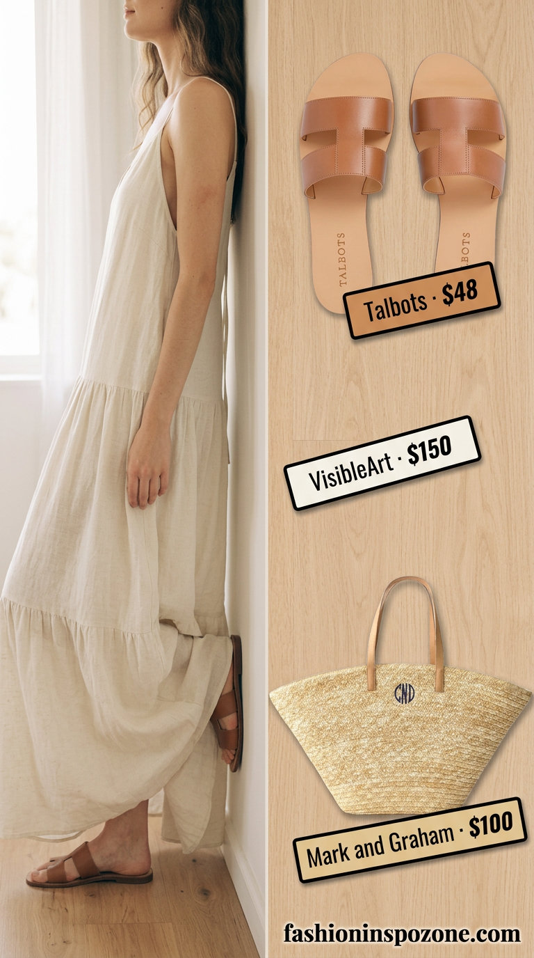 Relaxed summer white maxi dress outfit with straw tote, gold necklaces, and leather slides for beach vacation.
