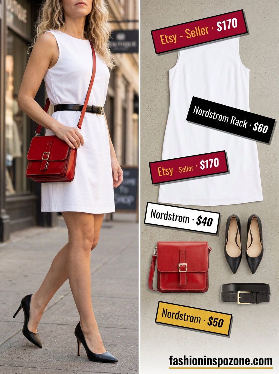 Versatile summer white shift dress outfit with red crossbody bag, black pumps, and belt for day to night.