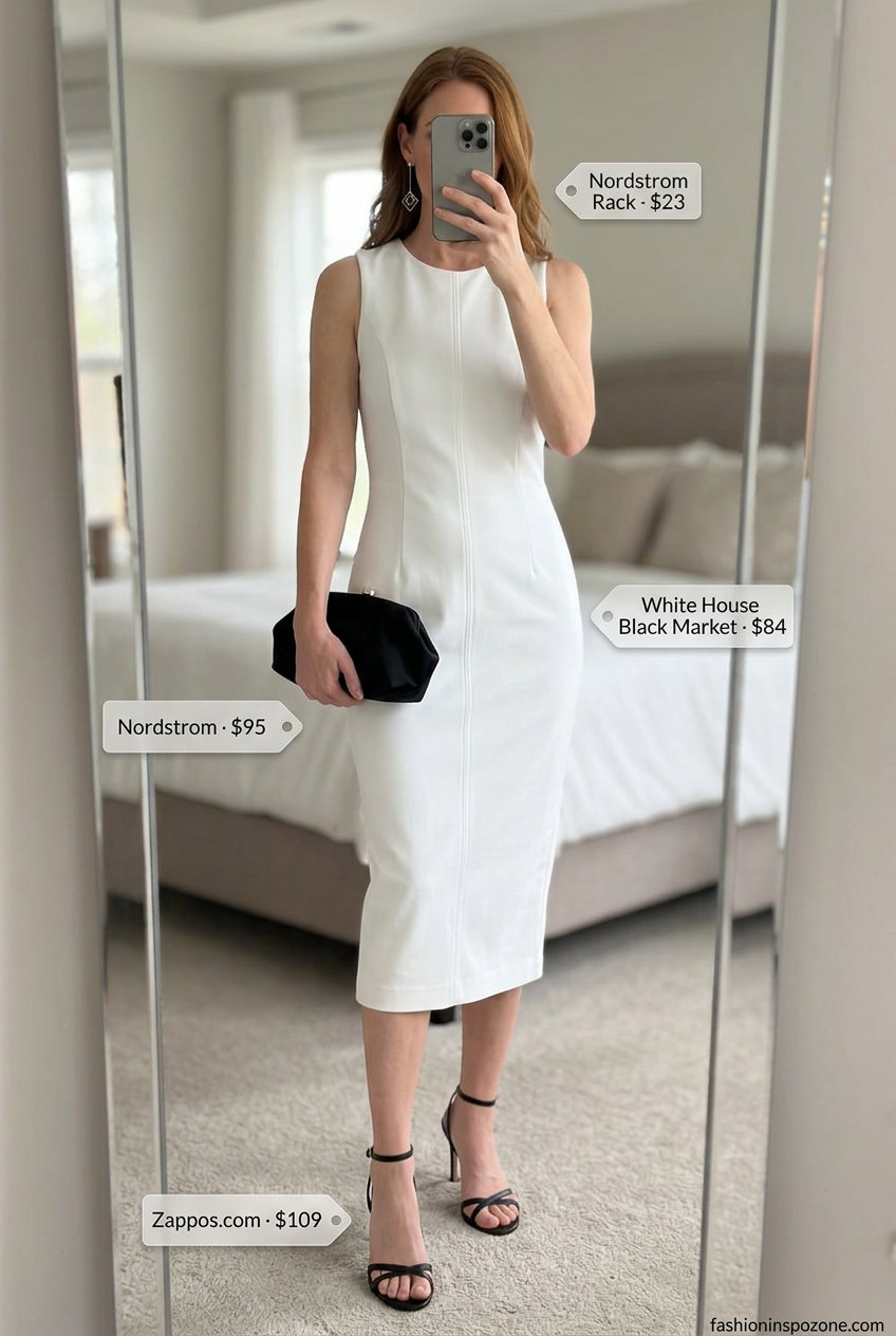 Summer white dress outfits for women 2026: White sheath midi dress, black strappy heels, and clutch for an evening event.