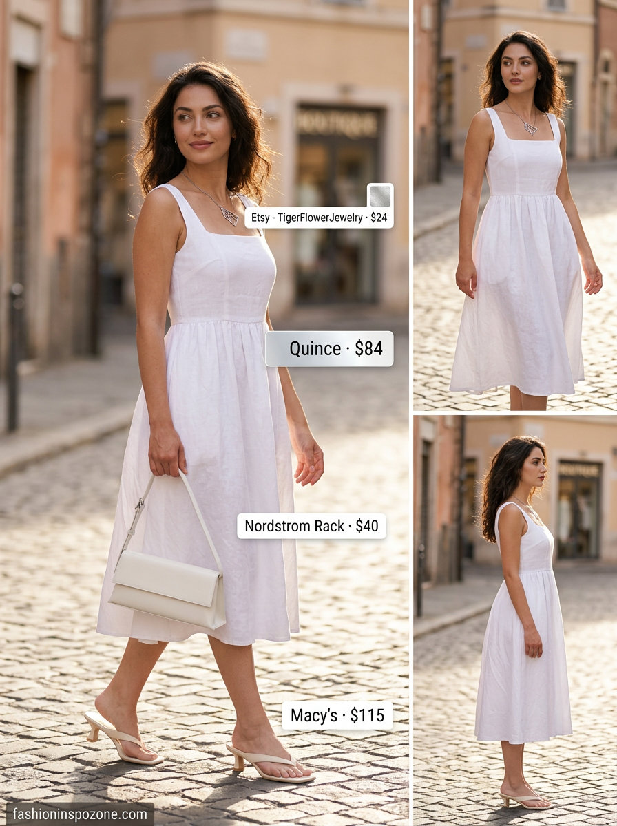 Summer white dress outfits for women 2026: White linen midi dress, beige slides, and shoulder bag for a chic daytime look.