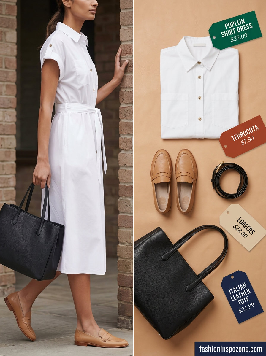 Professional summer white shirt dress outfit with tan loafers, black belt, and tote for office wear.