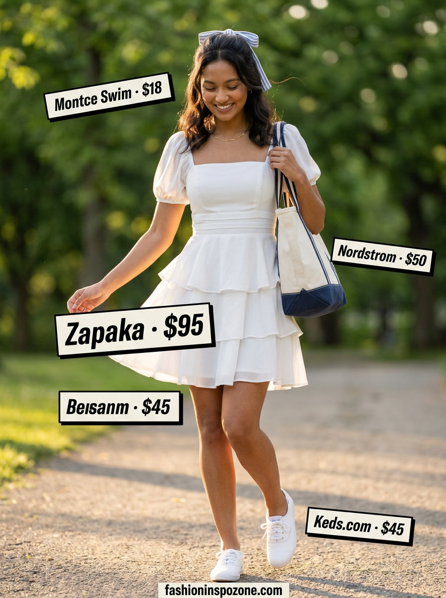 Summer white dress outfits for women 2026: White tiered mini dress, white sneakers, and canvas tote for a picnic.