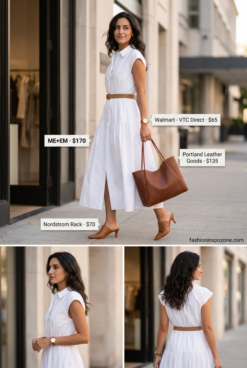 Summer white dress outfits for women 2026: Crisp white cotton shirt dress, tan leather mules, and structured tote for city chic.