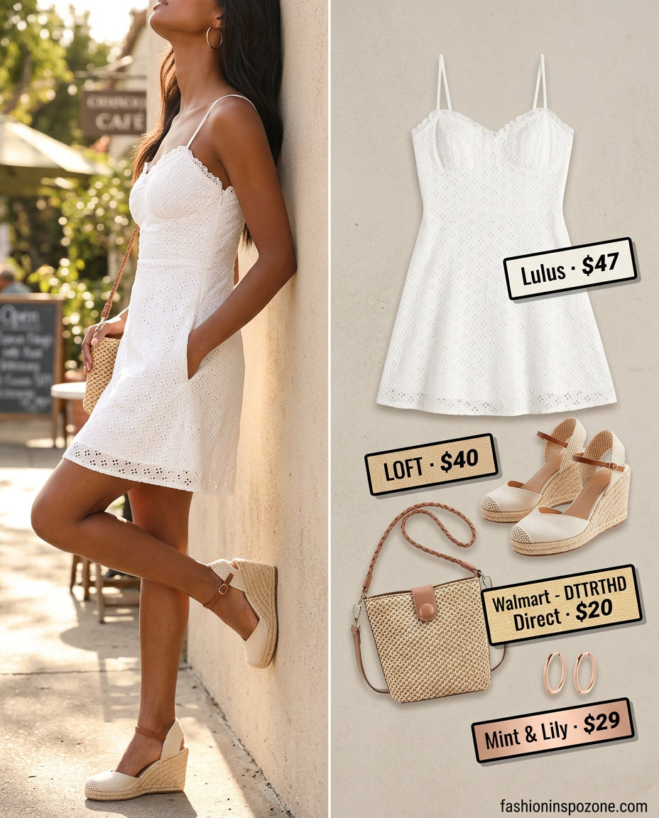 Summer white dress outfits for women 2026: White eyelet mini dress, beige espadrilles, and straw bag for weekend brunch.