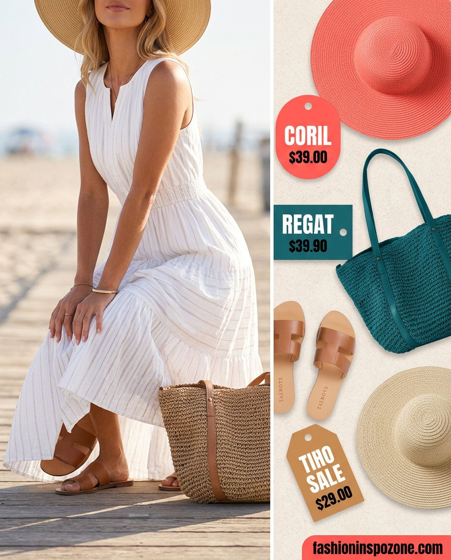 Vacation-ready white tiered maxi dress outfit for women, with straw hat, tote, and tan leather slides.