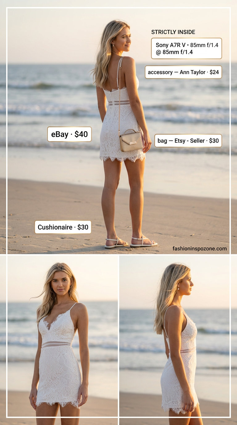 Ethereal white satin slip dress with lace trim, perfect for beach weddings. Styled with pearl studs, gold crossbody, and flat sandals.