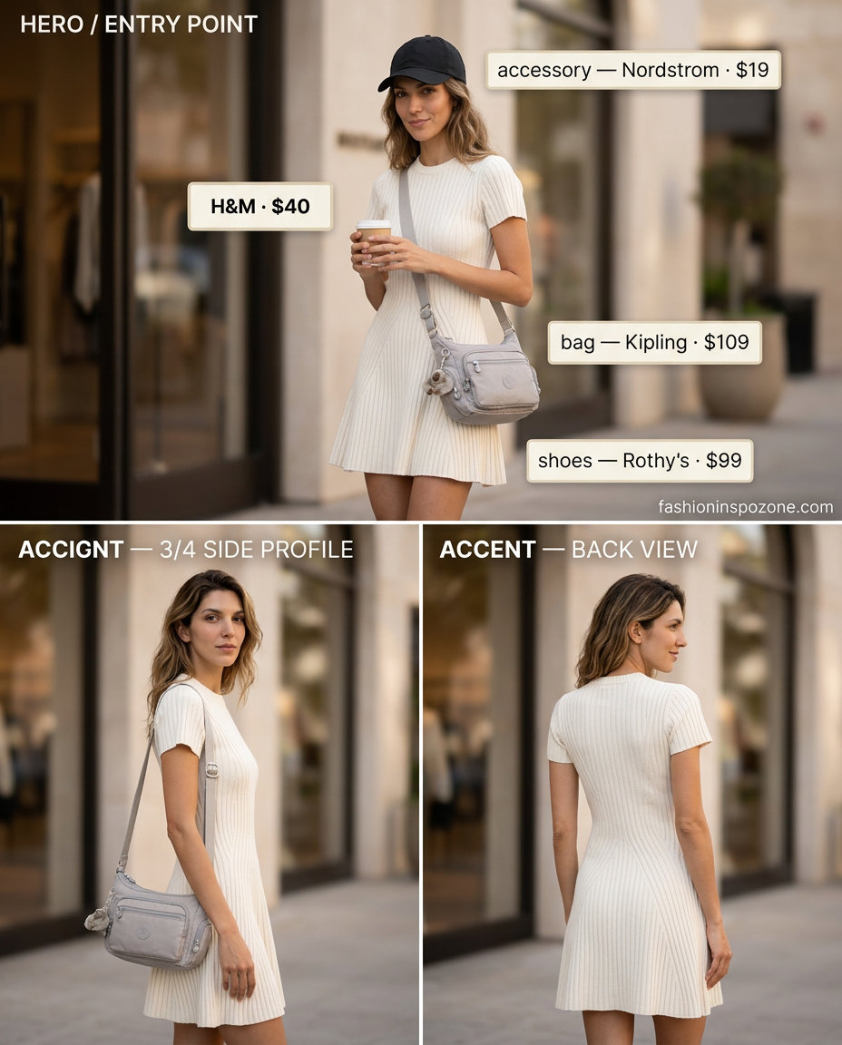 Casual off-white ribbed knit midi dress outfit for women, with white sneakers, grey crossbody, and black cap.
