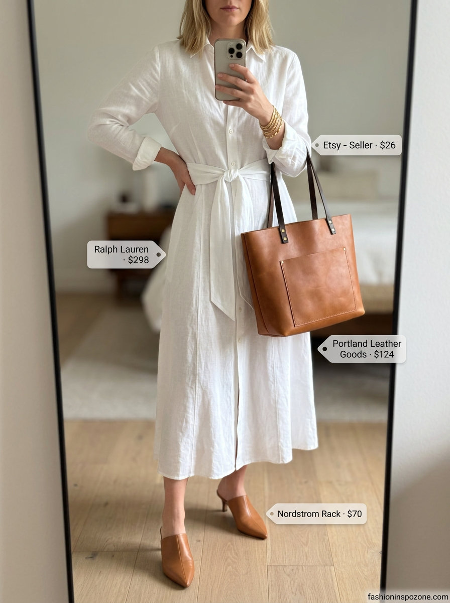 Chic white linen shirt dress outfit for women: minimalist style with tan mules, tote, and gold bracelet.