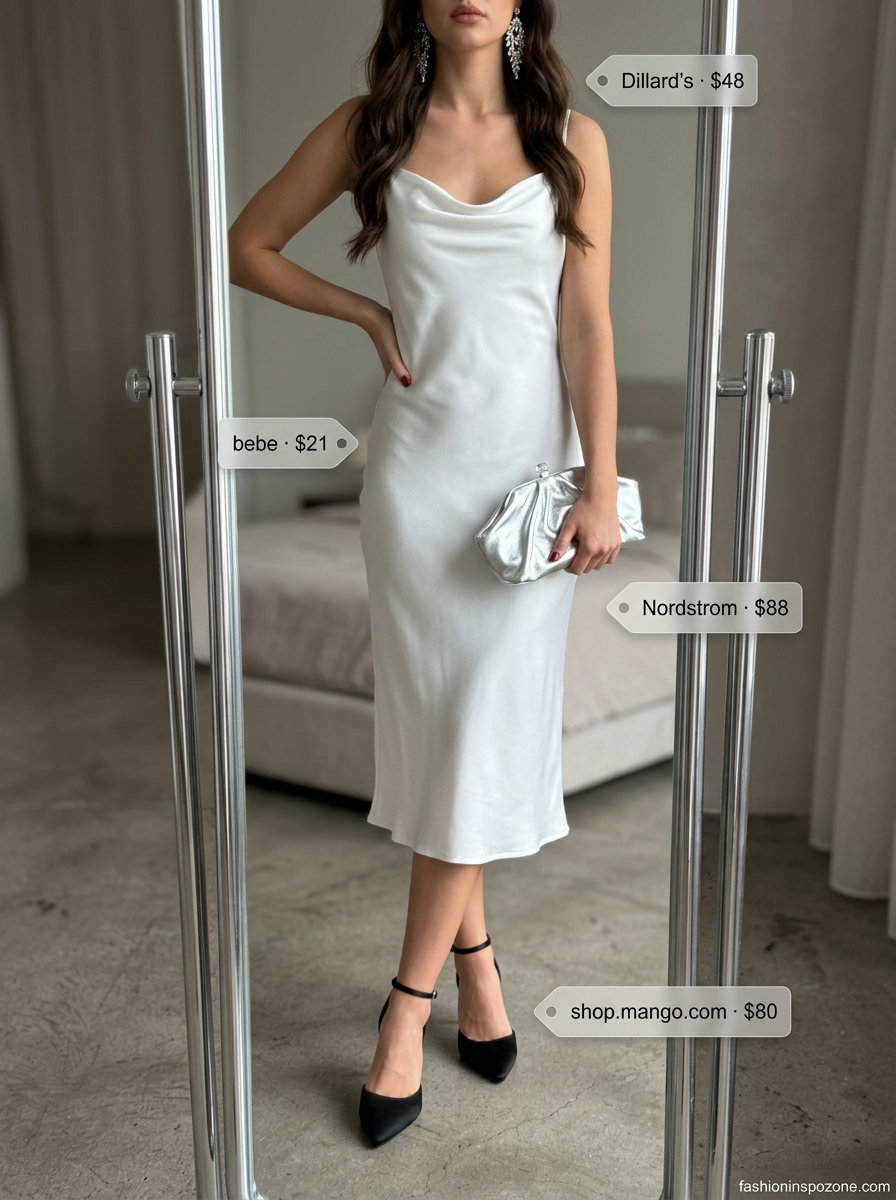 Elegant white satin slip dress for evening, paired with black heels, silver clutch, and statement earrings.
