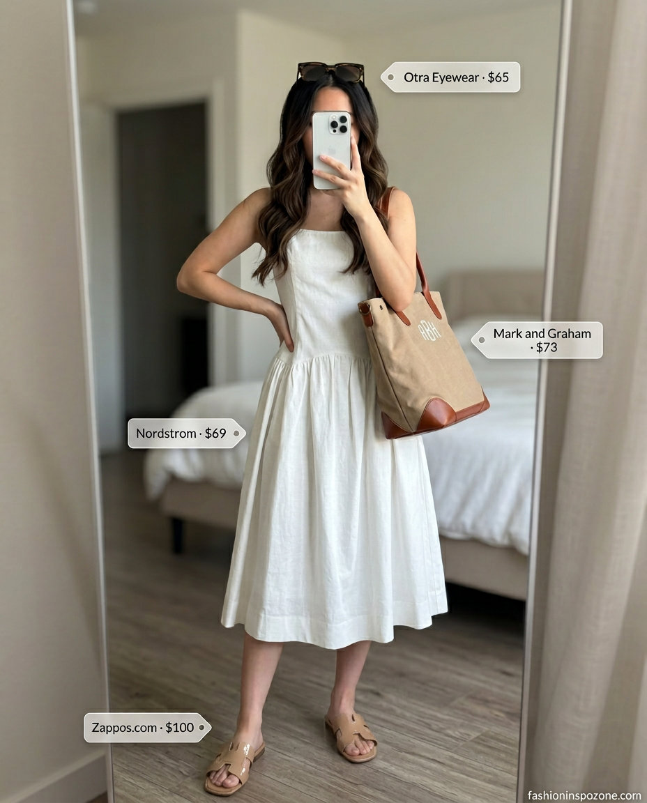 Casual white linen-blend midi dress outfit for women, with beige slides, canvas tote, and tortoiseshell sunglasses.