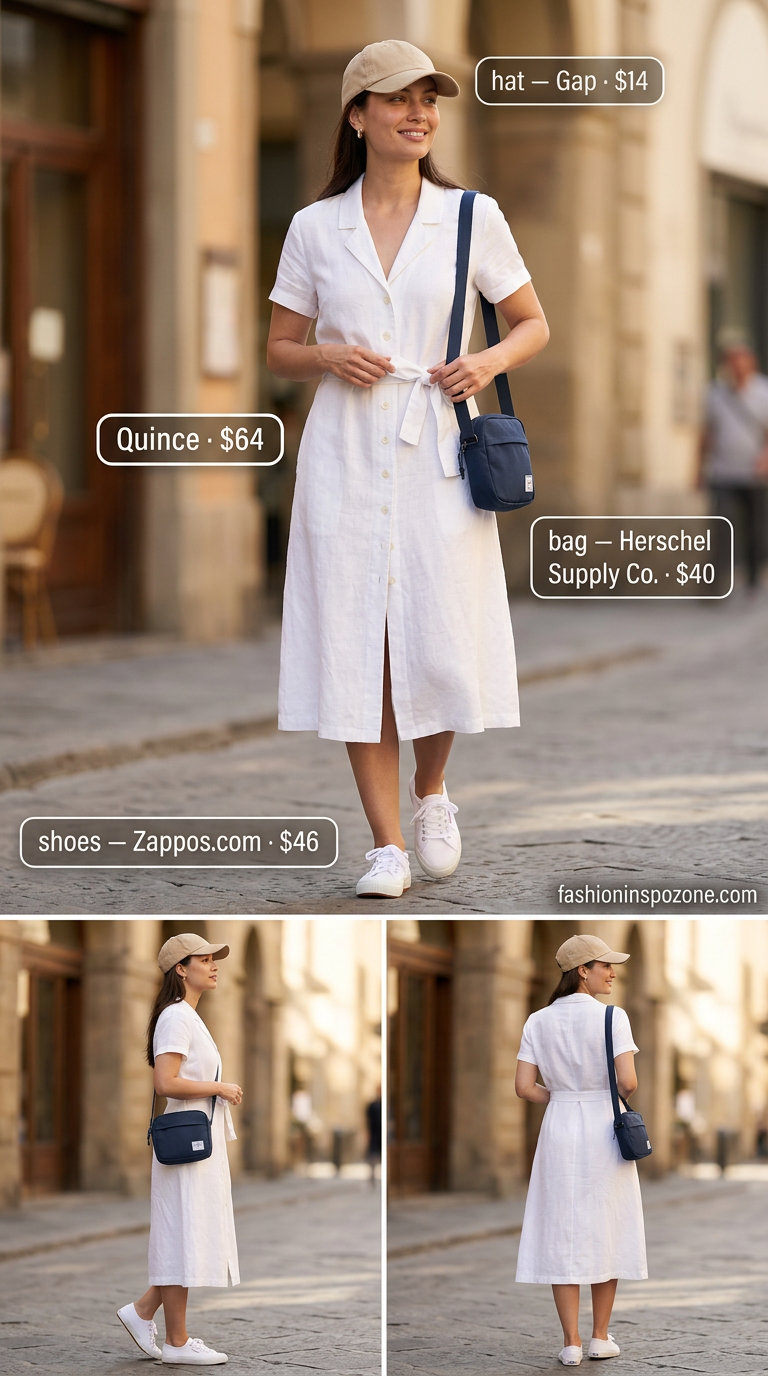 Effortless white linen shirt dress outfit for women, paired with navy crossbody, white sneakers, and baseball cap.