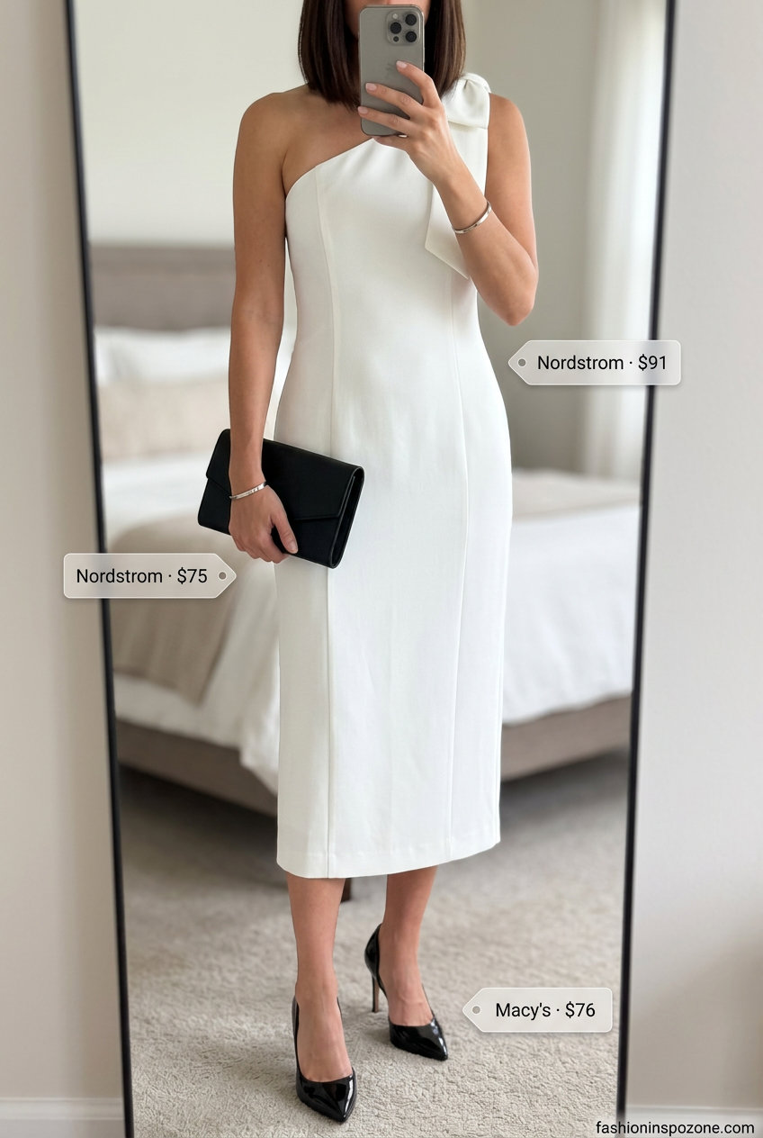 Sophisticated white one-shoulder midi dress for summer soirees, with black clutch, silver bracelet, and black heels.