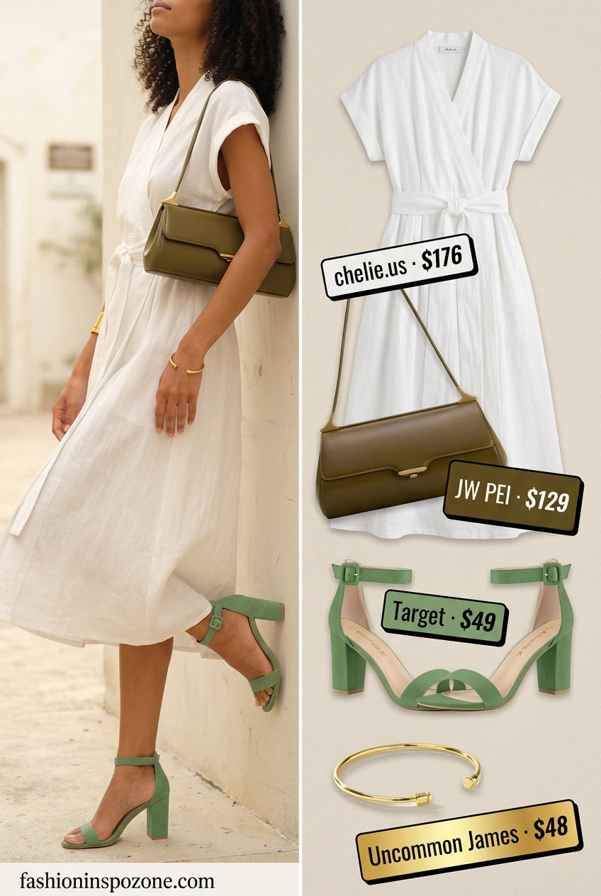 Sophisticated white linen wrap dress outfit for women, with olive green bag, gold bracelet, and block heels.