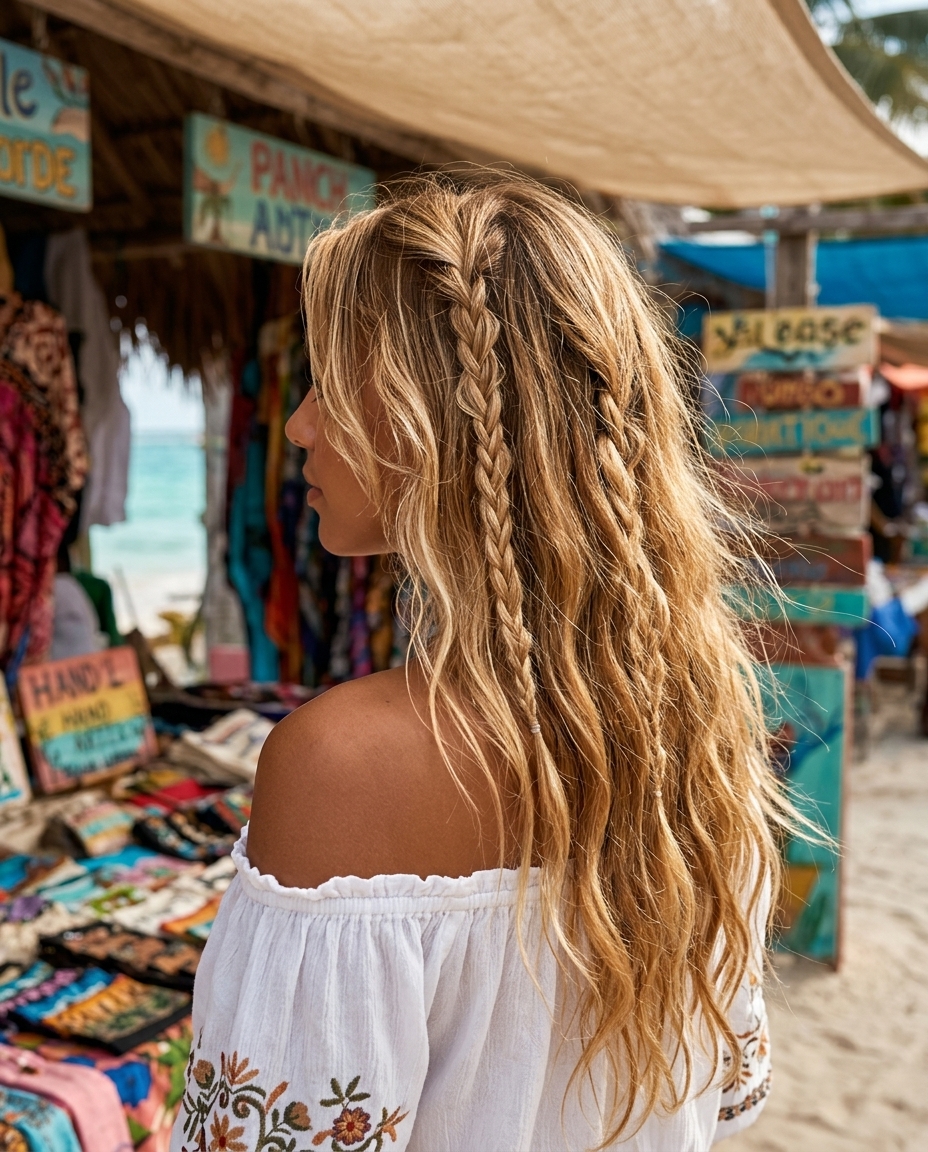 long wavy hairstyle with sun-kissed blonde, boho braids, soft waves — playful festival look