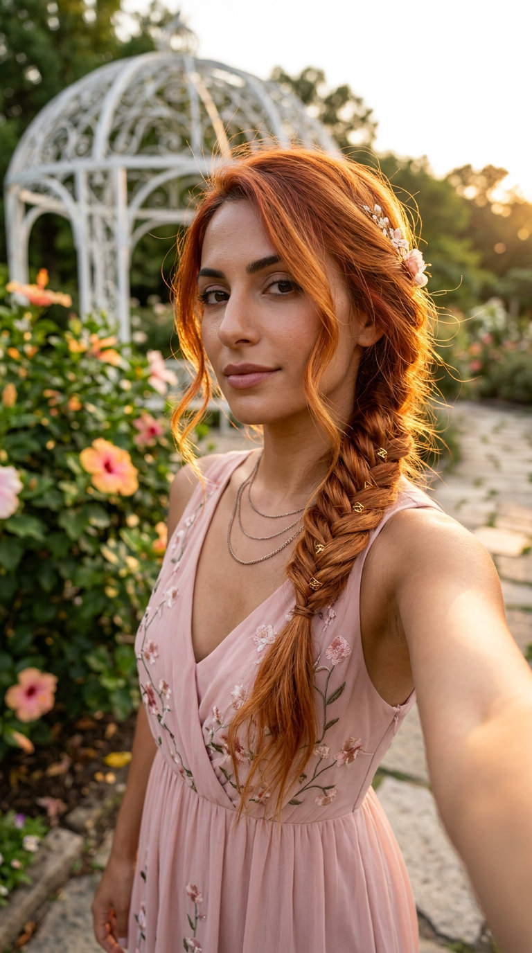 Boho Sunset Copper Fishtail Braid 2026 long sunset copper fishtail braid with golden orange, face-framing tendrils — romantic boho date night