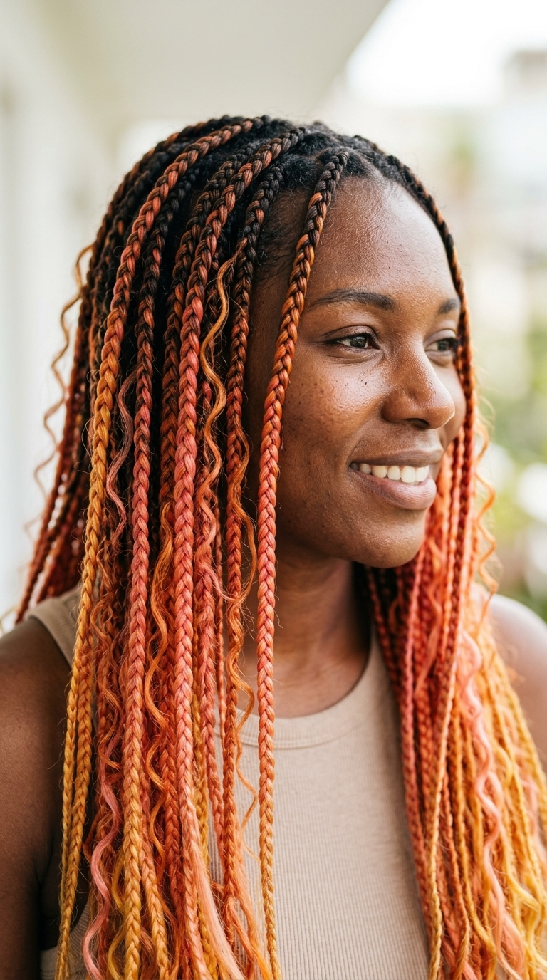 long natural hair vivid sunset ombré braids with solar flare copper, fiery orange, bright pink, golden yellow — bohemian vacation