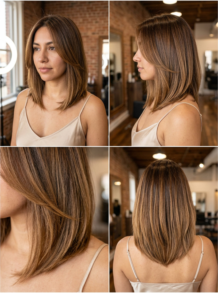 collarbone-length syrup brunette ombré lob with caramel ends and soft face-framing layers for romance