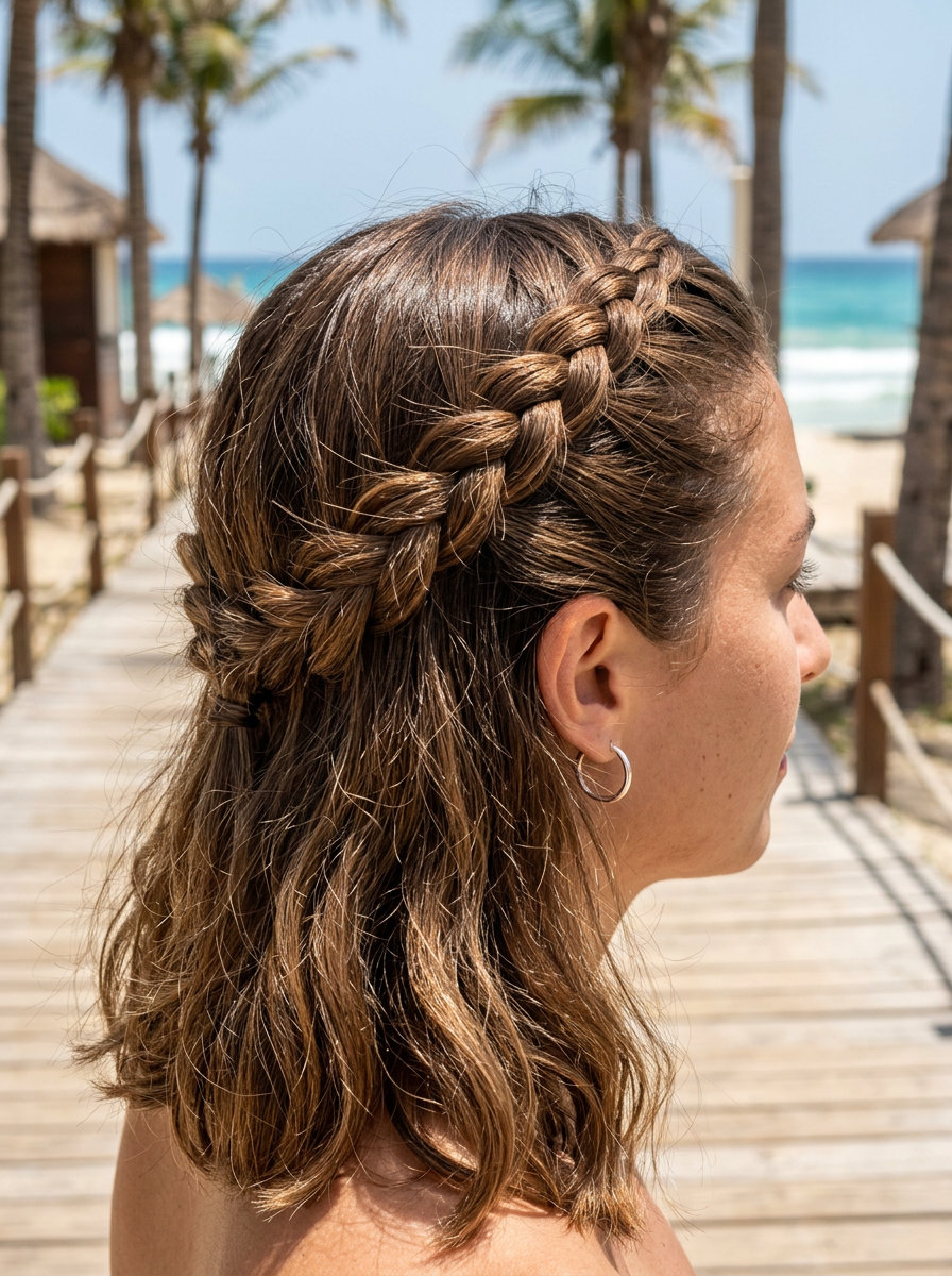 Sporty Braided Headband 2026 syrup brunette braided headband with textured ends, French braid, no fringe for summer 2026