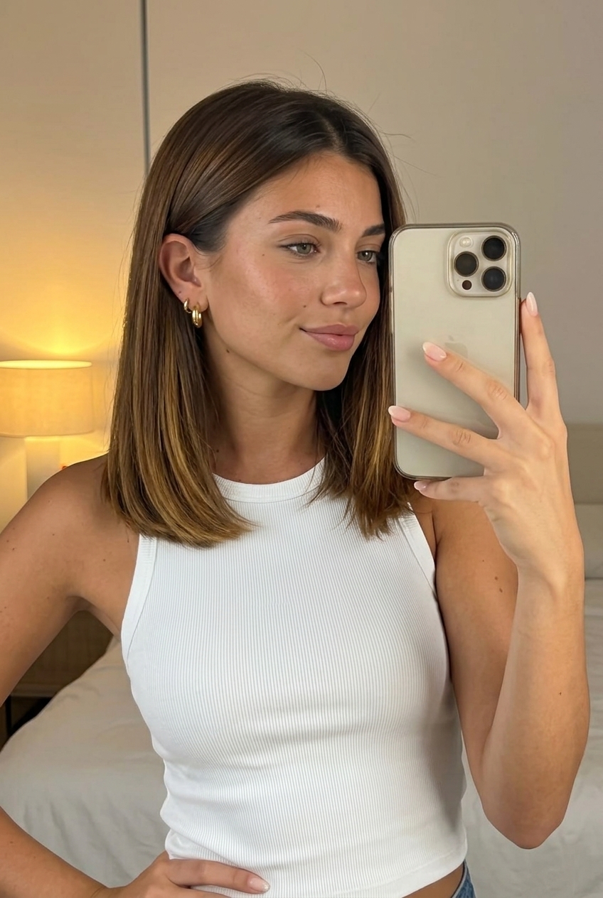 collarbone-length warm syrup brunette blunt cut with sun-kissed ends and middle part for elegance