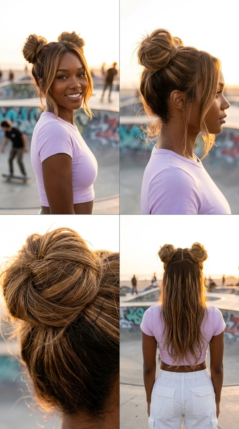 Festival Frolic: Syrup Brunette with Caramel Balayage long layered syrup brunette hairstyle with caramel balayage, face-framing layers, and playful space buns for festival