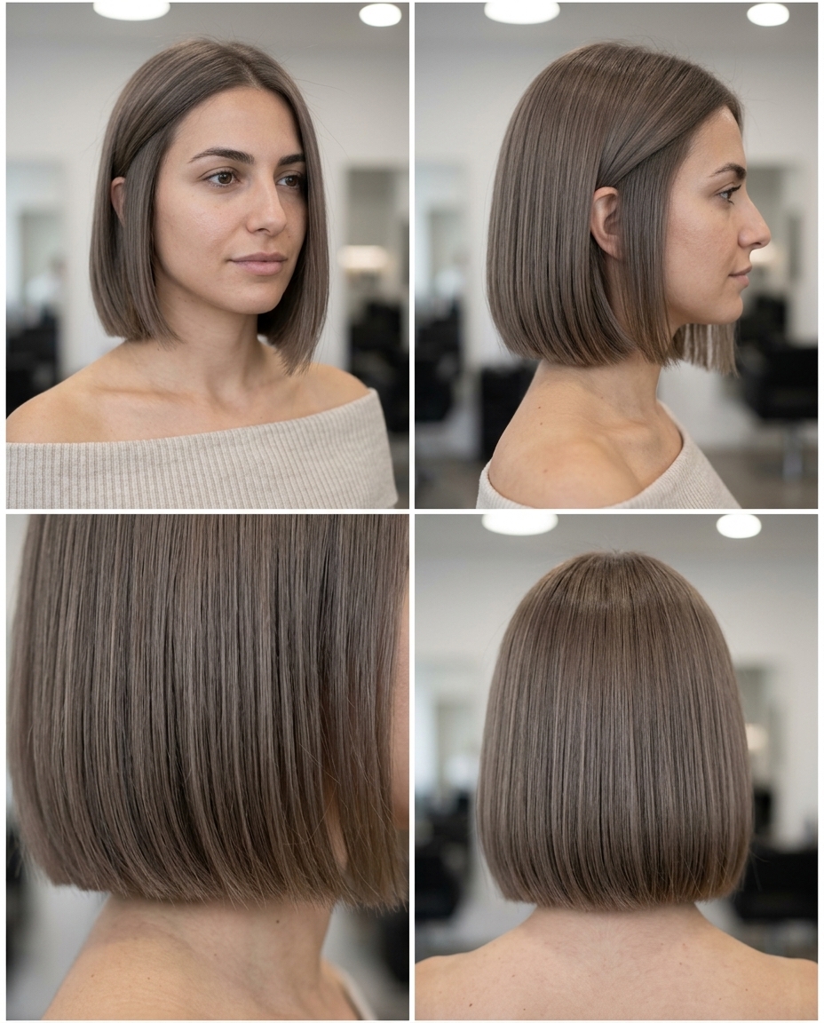 jawline blunt bob haircut with neutral taupe brown, ash undertones, no fringe — professional business casual