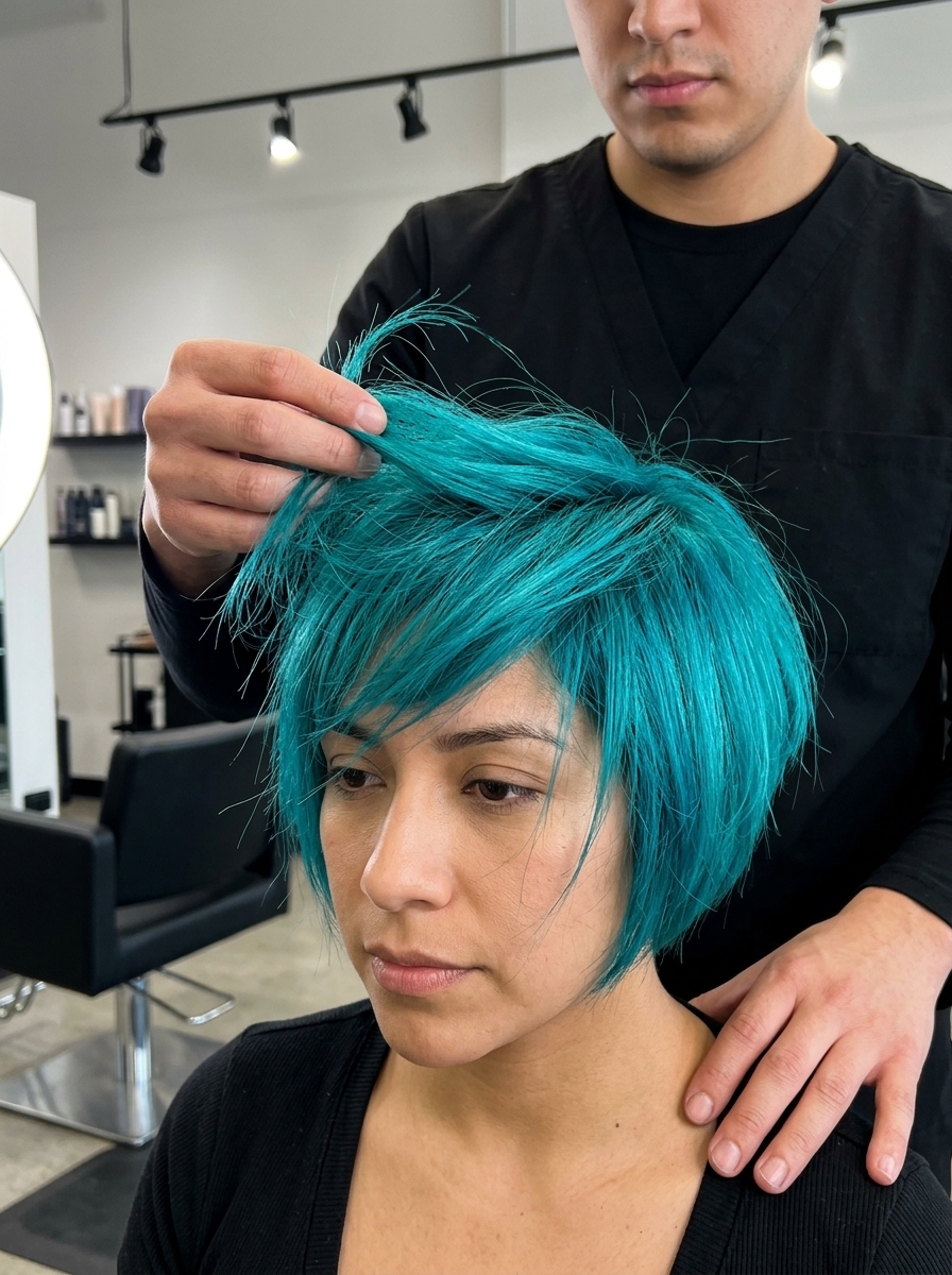 short french bob haircut in electric teal with razor-cut ends, messy part, no bangs — edgy festival hair