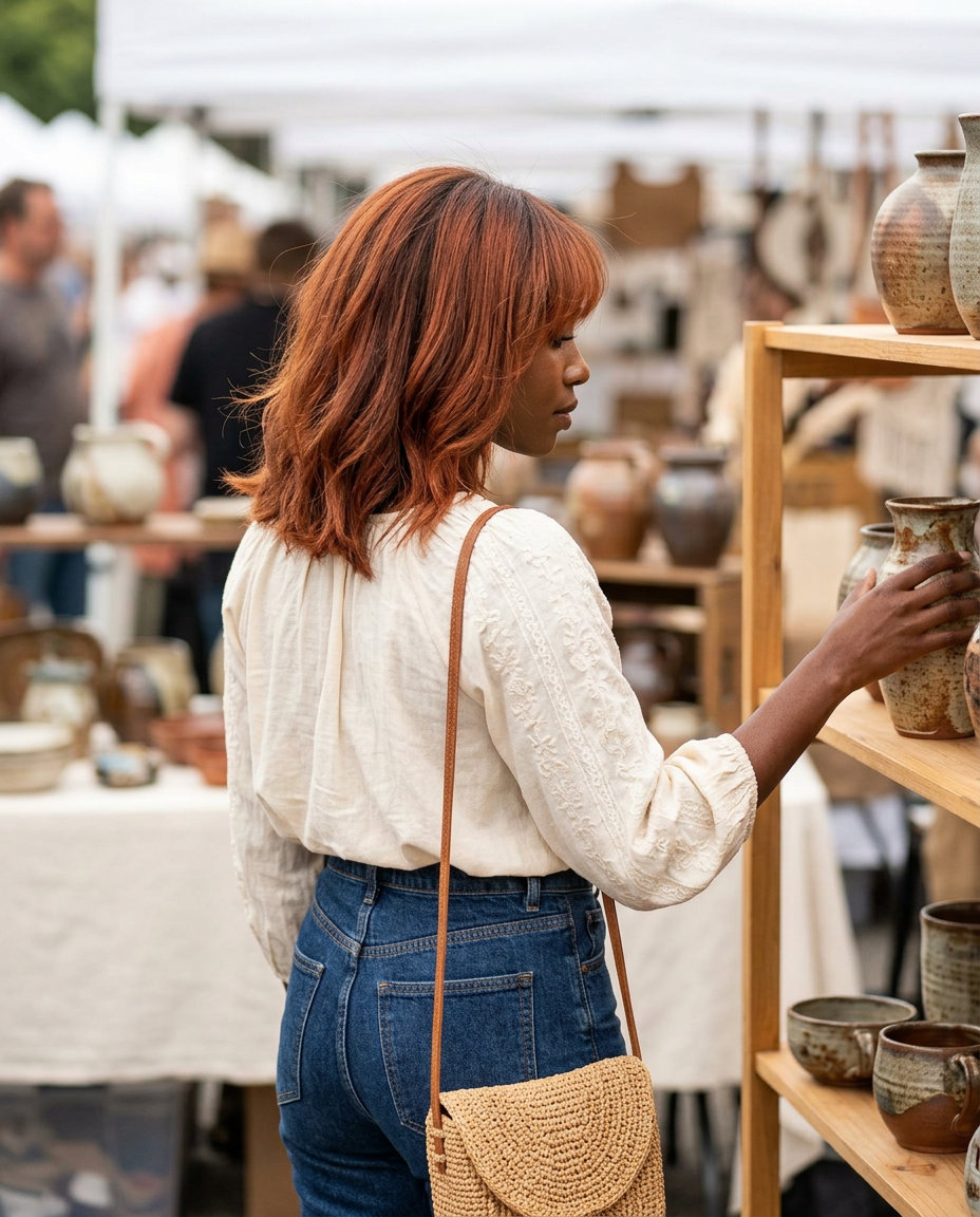 medium textured cut terracotta copper with auburn lowlights and wispy fringe for boho chic