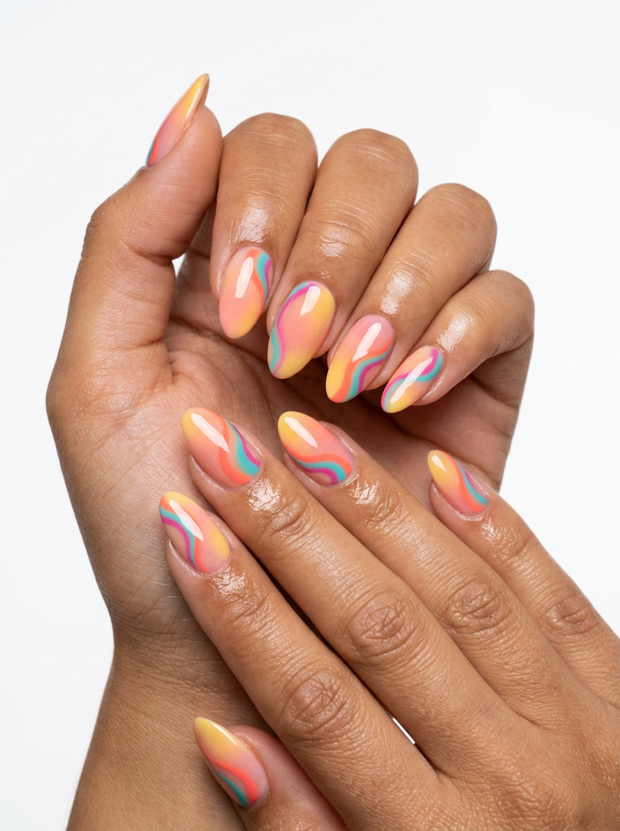 Trending summer nails 2026: Multicolor abstract swirls on almond nails with a peachy aura gradient for festival or vacation.
