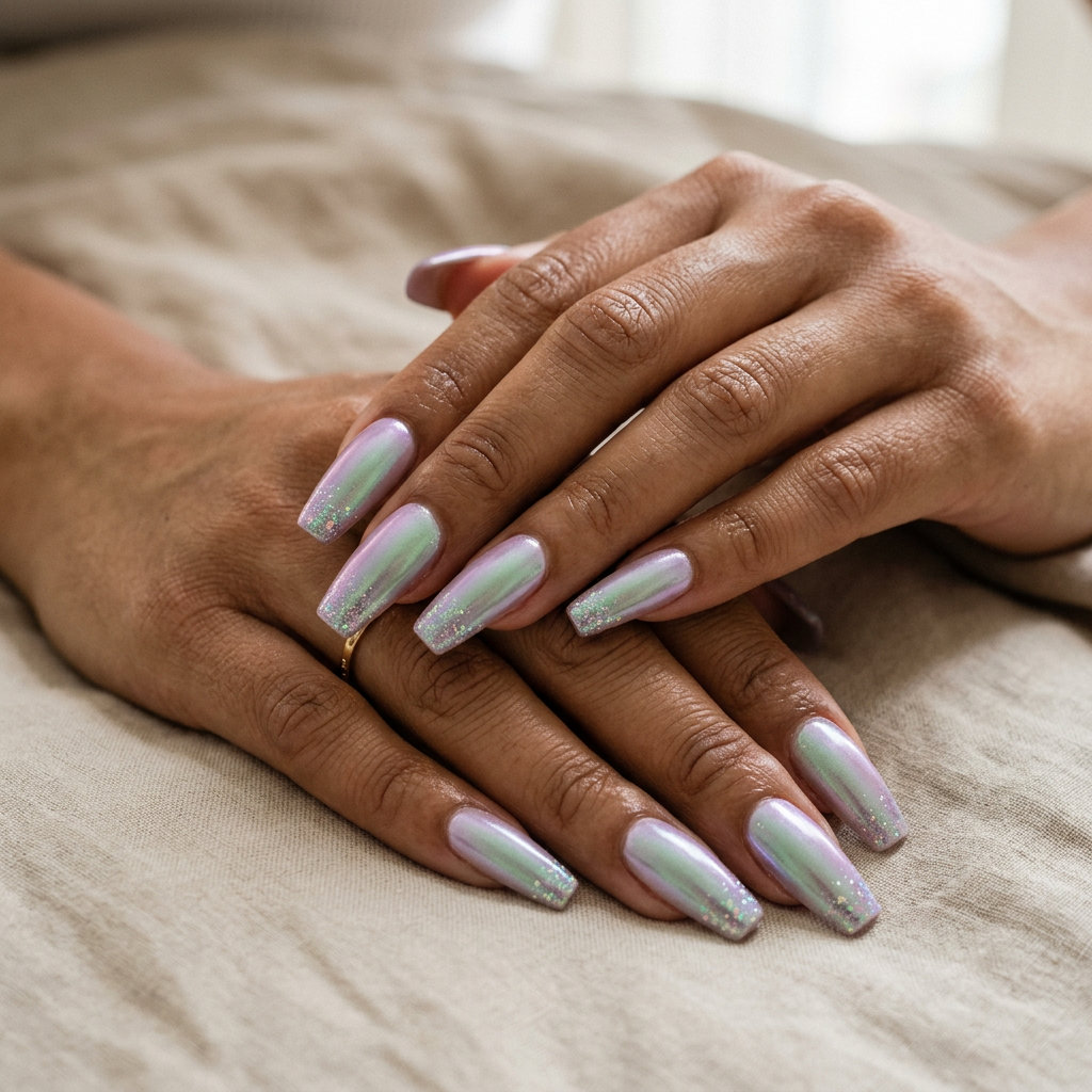 Chrome aura shifting coffin nails for festivals and nights out, a futuristic trending summer nails 2026 style.