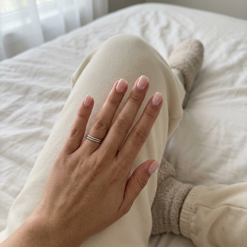 Trending summer nails 2026: Holographic dots on milky pink squoval nails for casual everyday wear.