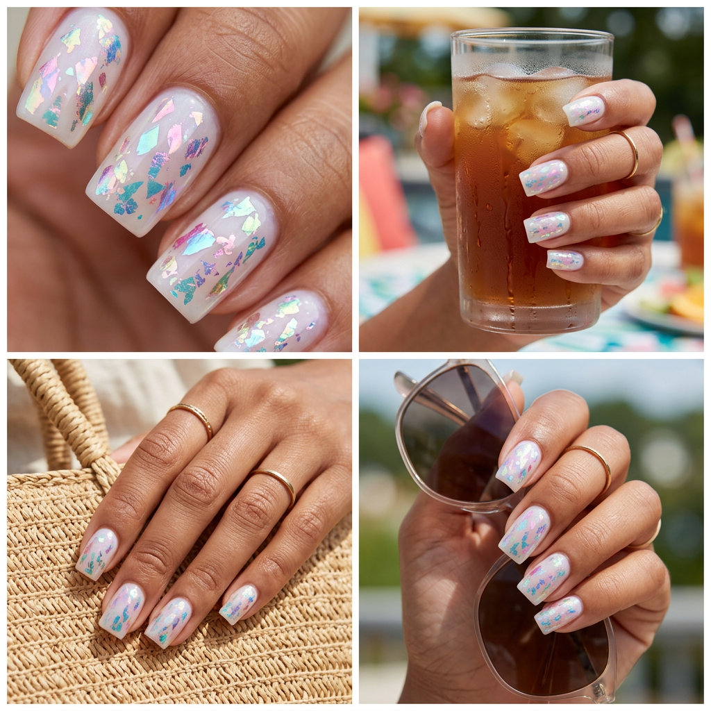 Iridescent Foil Abstract Square nails: milky white with pink, blue, green shift, ideal for trending summer nails 2026.