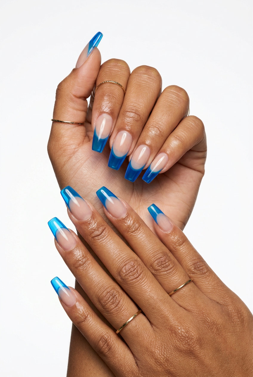 Trending summer nails 2026: Electric blue jelly French tip on coffin nails for edgy summer vibes.