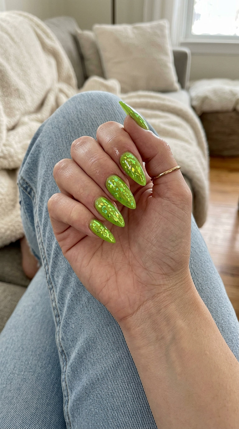 Lime green foil flare nails for festivals and vacations, an energetic trending summer nails 2026 look.