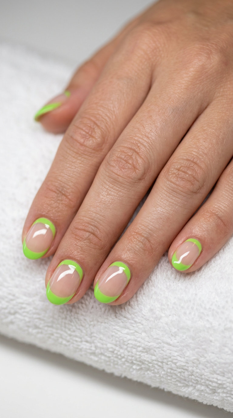 Trending summer nails 2026: Playful lime green reverse French on oval nails for casual summer outings.
