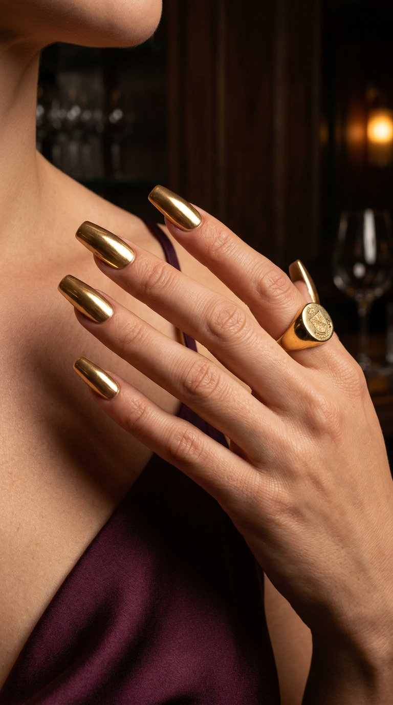 Metallic gold flare nails for party and night out, a bold trending summer nails 2026 look.