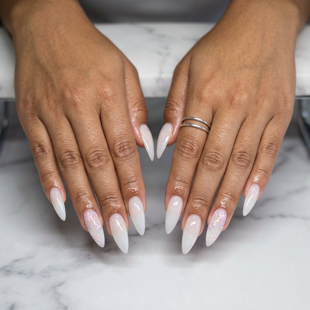 Milky stiletto nails with floral accents for weddings and summer events, a romantic trending summer nails 2026 style.