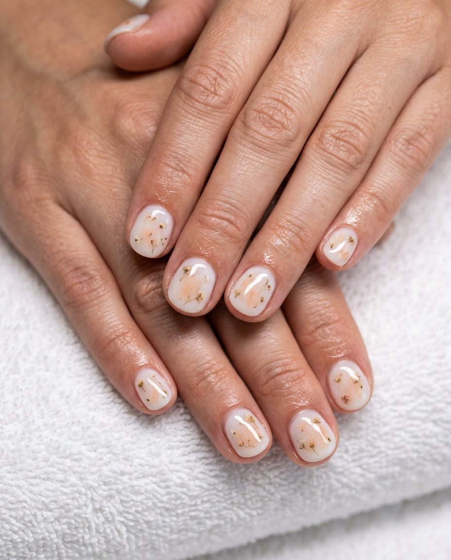 Trending summer nails 2026: Soft peach milk bath design on short nails for romantic events.