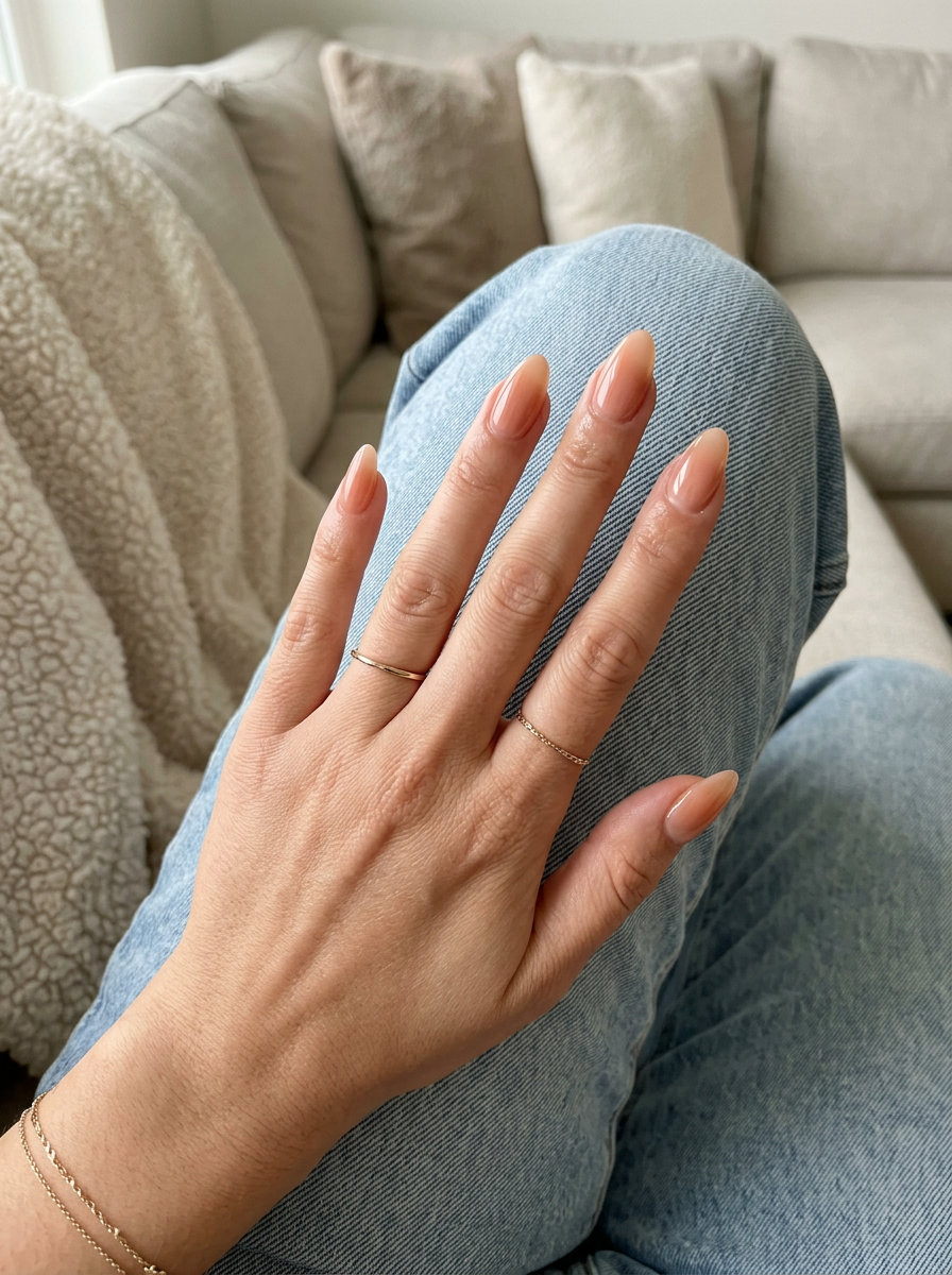 Trending summer nails 2026: Peachy ombre almond nails in warm nude and sheer peach fuzz for daily wear or weddings.