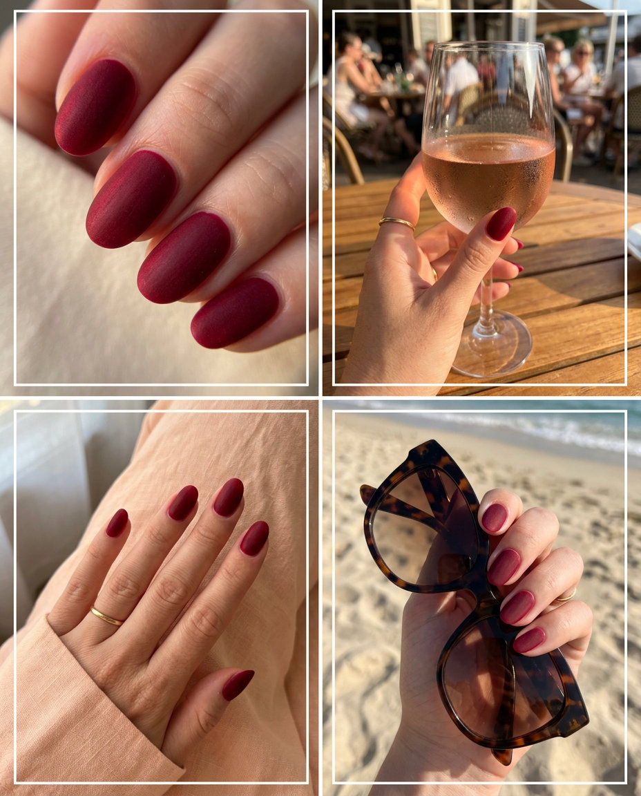 Velvet cherry red oval nails for formal events and dinner dates, a sophisticated trending summer nails 2026 choice.