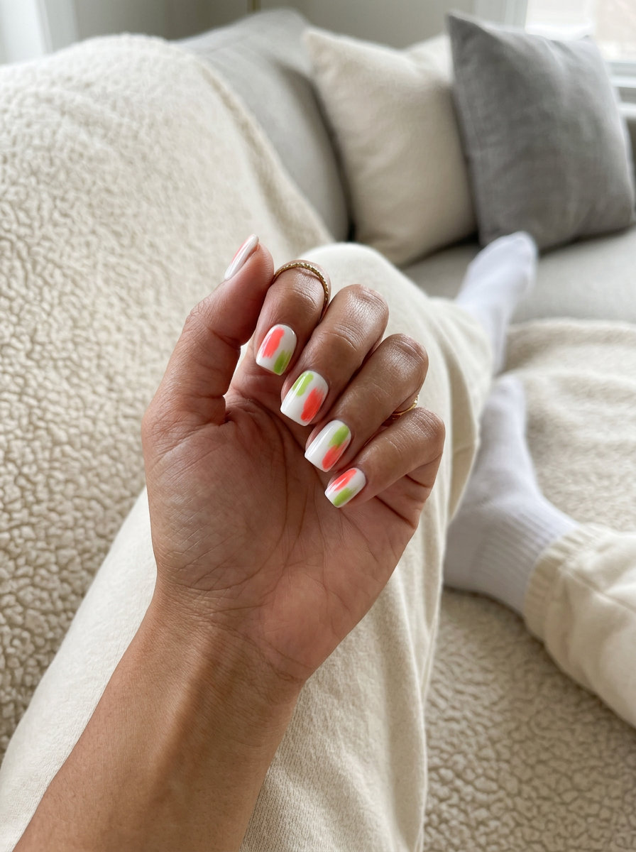 Tropical nail designs 2026: Abstract coral & lime green brushstrokes on white gel nails for festivals.