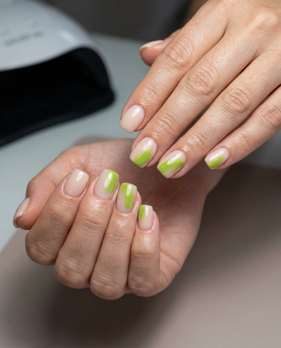 Abstract Jungle Strokes nail art 2026: Sheer nude with lime green abstract strokes for edgy style.