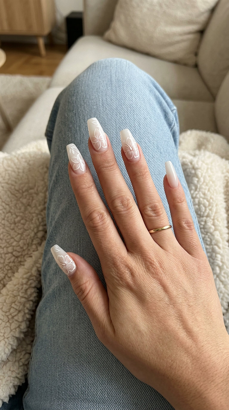 Ethereal Bloom Negative Space nail art 2026: Milky white with delicate white tropical flower line art.