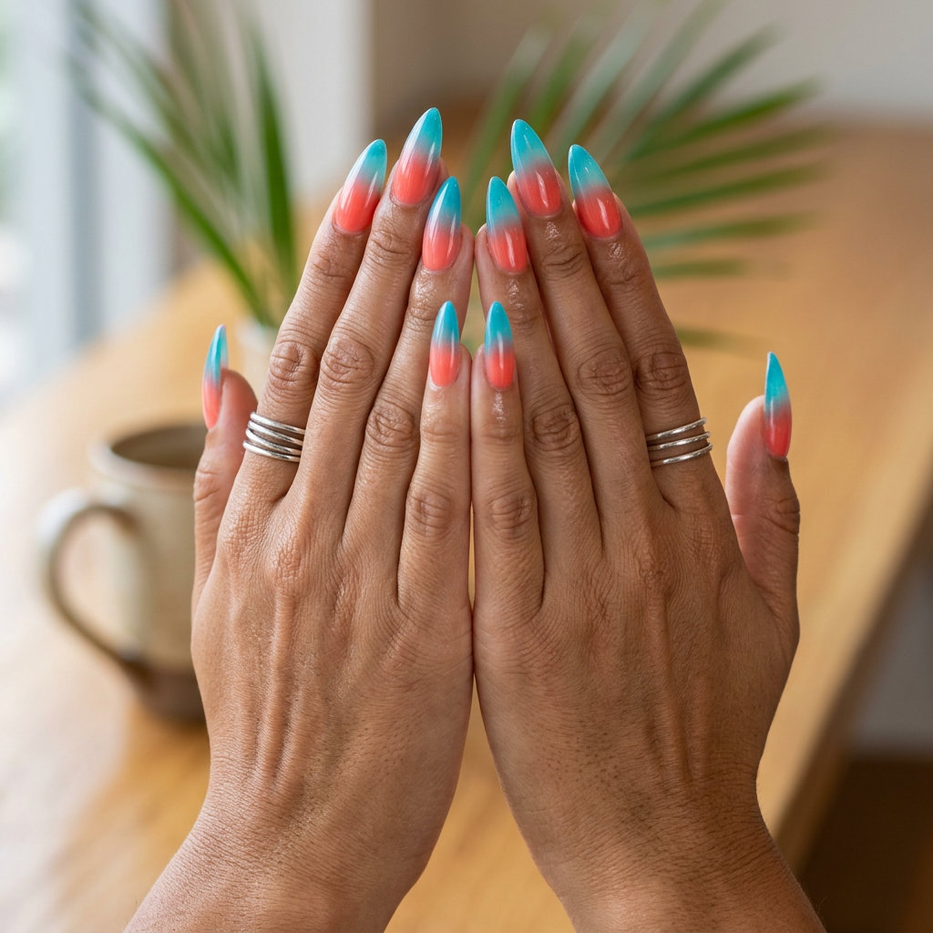 Lagoon Gradient Stilettos nail design 2026: Coral to electric turquoise jelly gradient for vacations.